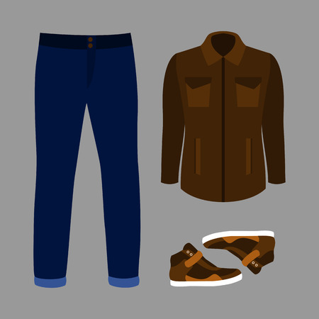 Set of trendy men's clothes with jeans, windbreaker and sneakers. Vector illustrationのイラスト素材