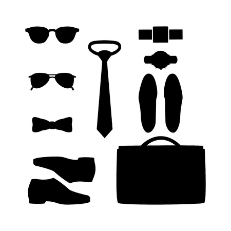 Set of black silhouette trendy men's accessories. Men's wardrobe. Vector illustrationのイラスト素材