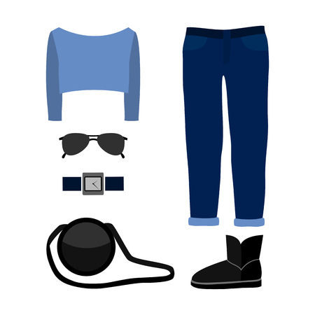 Set of  trendy women's clothes with jeans, pullover and accessories.Women's wardrobe. Vector illustrationのイラスト素材