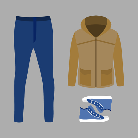 Set of trendy men's clothes with parka, jeans and sneakers. Men's wardrobe. Vector illustrationのイラスト素材