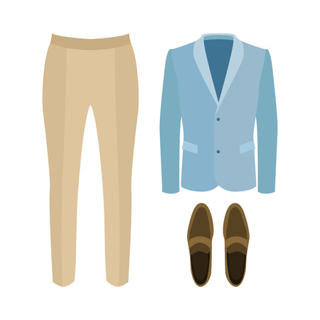 Set of trendy men's clothes with pants, jacket and loafers. Men's wardrobe. Vector illustrationのイラスト素材