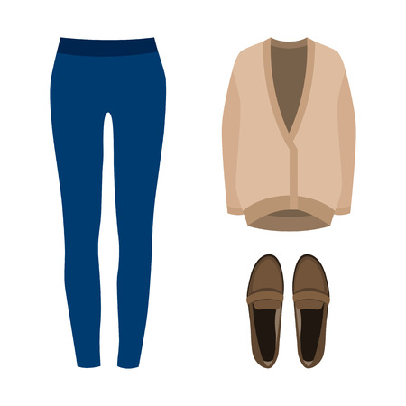 Set of  trendy women's clothes. Outfit of woman jeans, cardigan and loafers. Women's wardrobe. Vector illustrationのイラスト素材