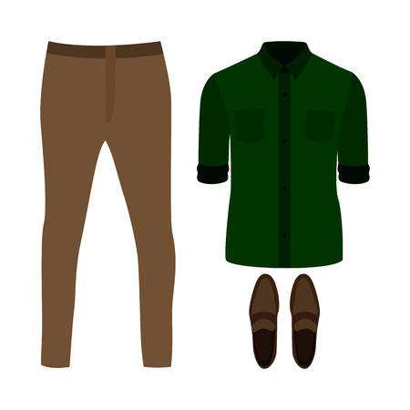 Set of  trendy men's clothes. Outfit of man pants, shirt and loafers. Men's wardrobe. Vector illustrationのイラスト素材