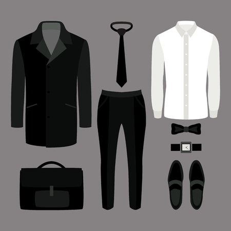 Set of  trendy men's clothes. Outfit of man coat, pants, shirt and accessories. Men's wardrobe. Vector illustrationのイラスト素材