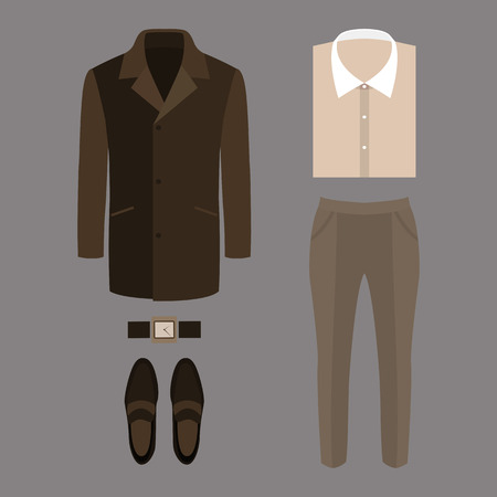 Set of  trendy men's clothes. Outfit of man coat, pants, shirt and accessories. Men's wardrobe. Vector illustrationのイラスト素材