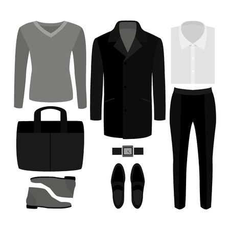 Set of  trendy men's clothes. Outfit of man coat, pants, pullover, shirt and accessories. Men's wardrobe. Vector illustrationのイラスト素材
