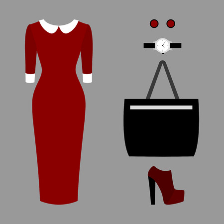 Set of trendy women's clothes. Outfit of woman dress and accessories. Women's wardrobe. Vector illustrationのイラスト素材