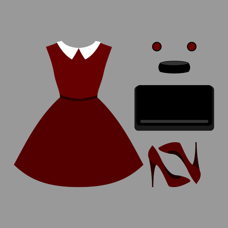 Set of trendy women's clothes. Outfit of woman dress and accessories. Women's wardrobe. Vector illustrationのイラスト素材