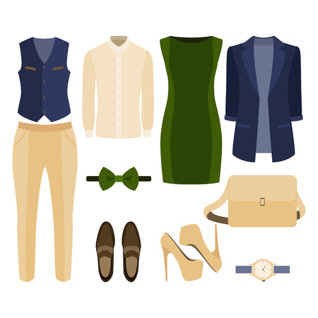 Set of  trendy clothes. Outfit of man and woman clothes and accessories. Vector illustrationのイラスト素材