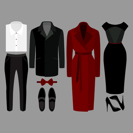 Set of  trendy clothes. Outfit of man and woman clothes and accessories. Vector illustrationのイラスト素材