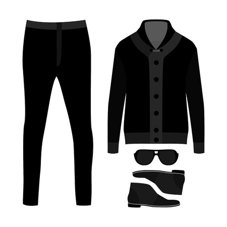 Set of  trendy men's clothes. Outfit of man cardigan, pants and accessories. Men's wardrobe. Vector illustrationのイラスト素材