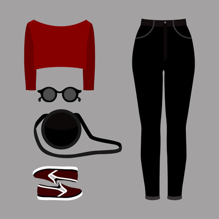 Set of trendy women's clothes. Outfit of woman jeans, pullover and accessories. Women's wardrobe. Vector illustrationのイラスト素材
