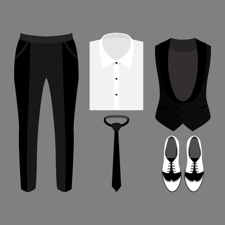 Set of trendy men's clothes. Outfit of man vest, pants, shirt and accessories. Men's wardrobe. Vector illustrationのイラスト素材