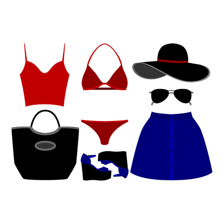 Set of trendy women's clothes. Outfit of woman swimsuit, skirt, top and accessories. Women's wardrobe. Vector illustrationのイラスト素材