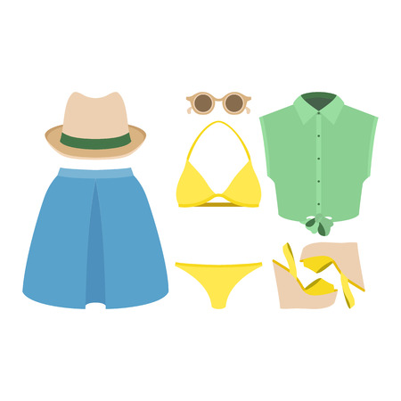 Set of trendy women's clothes. Outfit of woman swimsuit, skirt, shirt and accessories. Women's wardrobe. Vector illustrationのイラスト素材