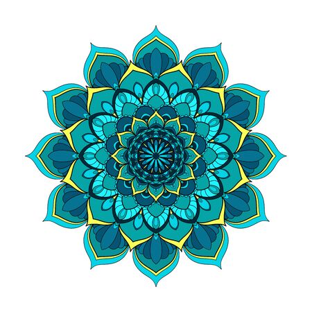 Blue and turquoise round mandala isolated on white background. Vector illustrationのイラスト素材