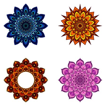 Set of four round mandalas for greeting card, invitation, Henna drawing and tattoo template. Vector illustrationのイラスト素材