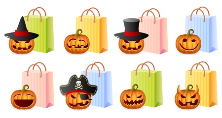Pumpkins and Shoppingbags, Halloween Shopping Set, Halloween Theme, Illustrationのイラスト素材