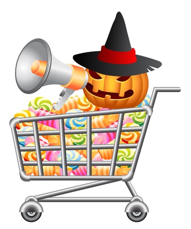 Halloween pumpkin shouting in megaphone and sitting in shoppingcart with sweetmeat. Halloween shopping theme. Isolated vector illustrationのイラスト素材