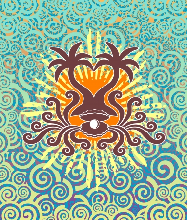 Abstract island and palm tree  Heart from palm sheet  Vector illustrationのイラスト素材