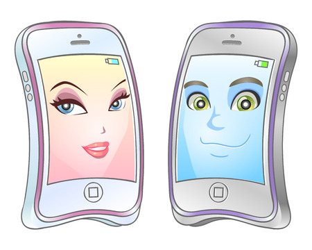 Happy smart phones  Smartphone characters  Couple of mobile phones  Vector illustration のイラスト素材