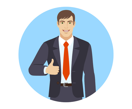 Smiling businessman shows thumb up. Portrait of businessman in a flat style. Vector illustration.のイラスト素材