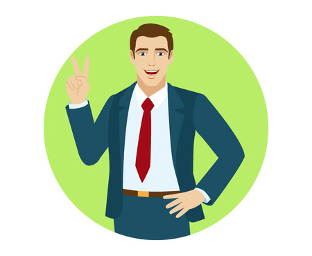 Victory! Smiling businessman showing victory sign. Two thumbs up.  Portrait of businessman in a flat style. Vector illustration.のイラスト素材
