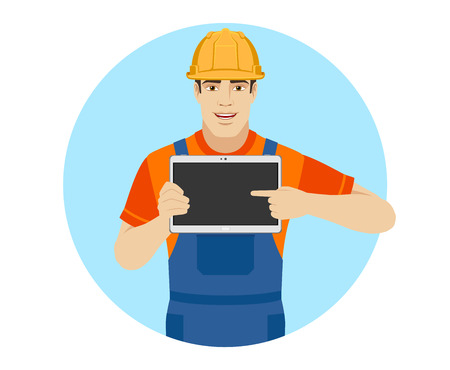 Builder pointing the finger to digital tablet PC. Portrait of builder in a flat style. Vector illustration.のイラスト素材