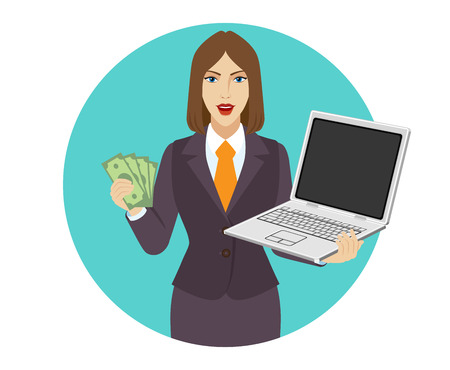 Businesswoman holding a laptop notebook and shows money. Portrait of businesswoman in a flat style. Vector illustration.のイラスト素材