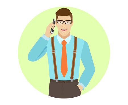 Businessman talking on the mobile phone. A man wearing a tie and suspenders. Portrait of businessman in a flat style. Vector illustration.のイラスト素材