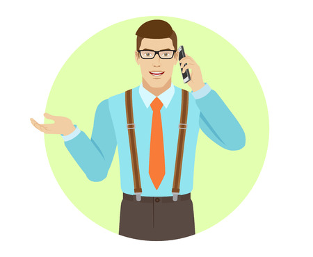 Businessman talking on the mobile phone and gesturing. A man wearing a tie and suspenders. Portrait of businessman in a flat style. Vector illustration.のイラスト素材