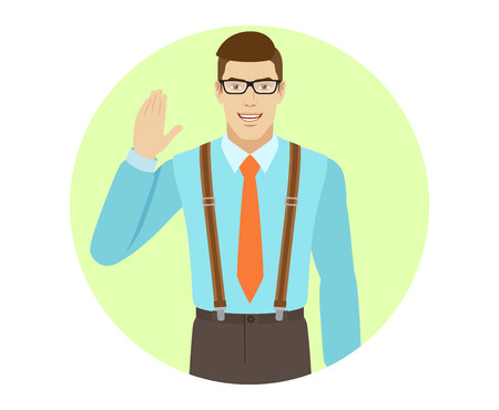 Businessman greeting someone with his hand raised up. A man wearing a tie and suspenders. Portrait of businessman in a flat style. Vector illustration.のイラスト素材