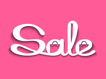 Sale banner with calligraphic inscription on pink background. Vector illustration made in paper cut out style.のイラスト素材