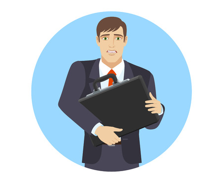 Businessman with two hands grabbed the briefcase. Portrait of businessman character in a flat style. Vector illustration.のイラスト素材