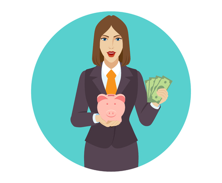 Businesswoman holding a piggy bank and showing cash money. Portrait of businesswoman in a flat style. Vector illustration.のイラスト素材