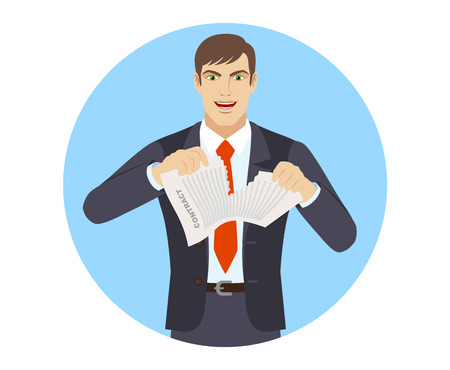 Businessman breaks the contract. Portrait of businessman character in a flat style. Vector illustration.のイラスト素材