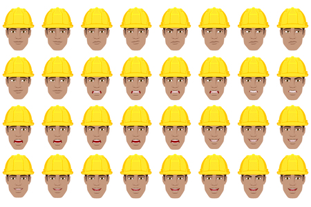 Emotions set. Black Worker with different emotions and facial expressions. Portrait of worker character in a flat style. Vector illustration.のイラスト素材