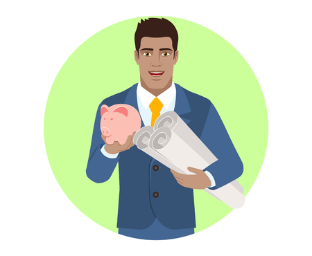 Man with piggy bank holding the project plans.のイラスト素材
