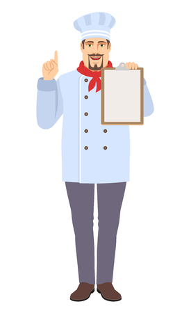 Chef pointing up and holding clipboard. Full length portrait of Chef in a flat style. Vector illustration.のイラスト素材