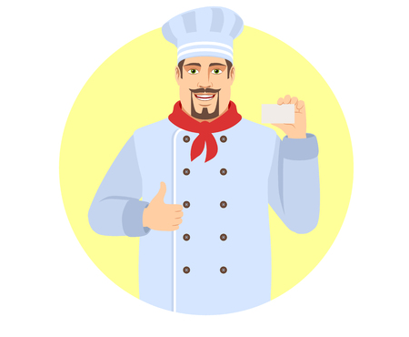 Chef showing thumb up and  showing the business card. Portrait of Chef in a flat style. Vector illustration.のイラスト素材