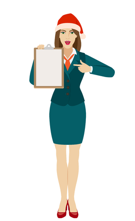 Businesswoman in Santa hat pointing on clipboard. Full length portrait of businesswoman in a flat style. Vector illustration.のイラスト素材
