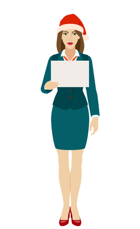 Businesswoman in Santa hat holding a paper. Full length portrait of businesswoman in a flat style. Vector illustration.のイラスト素材