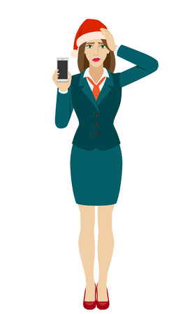 Businesswoman in Santa hat holding a mobile phone and grabbed his head. Full length portrait of businesswoman in a flat style. Vector illustration.のイラスト素材