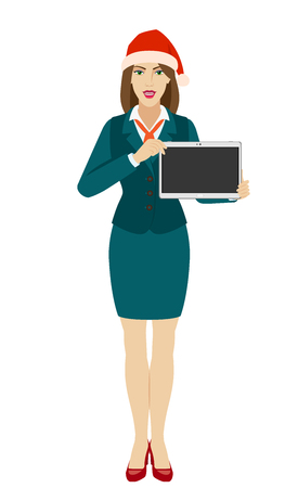 Businesswoman in Santa hat showing blank digital tablet PC. Full length portrait of businesswoman in a flat style. Vector illustration.のイラスト素材