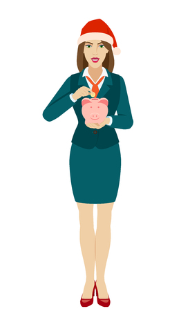 Businesswoman in Santa hat puts coin in a piggy bank. Full length portrait of businesswoman in a flat style. Vector illustration.のイラスト素材