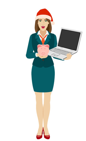 Businesswoman in Santa hat holding a laptop notebook and showing a money. Full length portrait of businesswoman in a flat style. Vector illustration.のイラスト素材