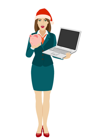 Businesswoman in Santa hat holding a laptop notebook and piggy bank. Full length portrait of businesswoman in a flat style. Vector illustration.のイラスト素材