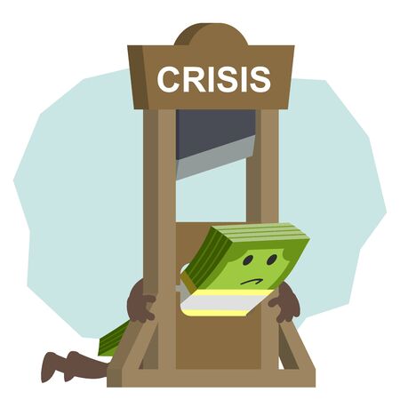 Cartoon Money Characters is executed by the guillotine. Financial crisis concept. Slice The Dollar. Cutting financial income. Vector Illustration.のイラスト素材