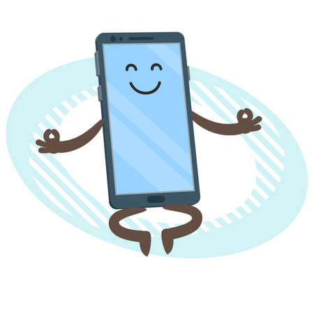 Cartoon Mobile Phone Character in a meditative pose. Vector Illustration.のイラスト素材