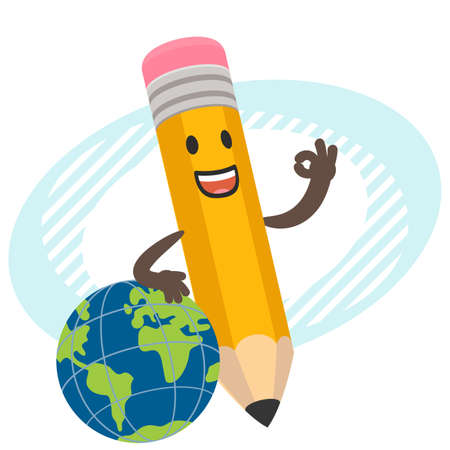 Cartoon Pencil Character leaning on the planet. Vector Illustration.のイラスト素材